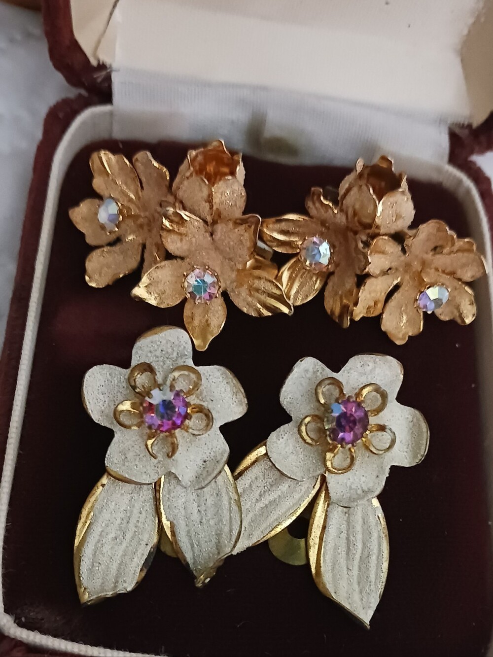 Austria Vintage Peach Floral Clip Earrings Crystal Accents Plus Ivory Flowers
